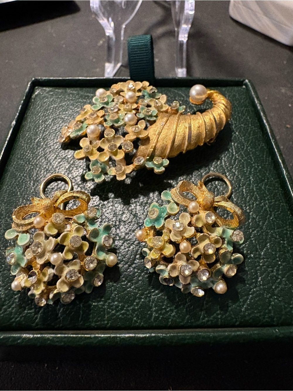 VINTAGE BSK Gold Toned Enamel Cornucopia Brooch and Matching Clip On Earrings